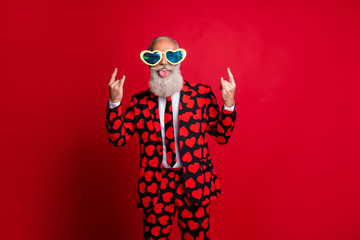 Portrait of his he nice attractive funky crazy cheerful naughty white-haired guy hipster showing...