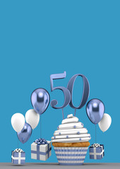 Number 50 blue birthday cupcake with balloons and gifts. 3D Render