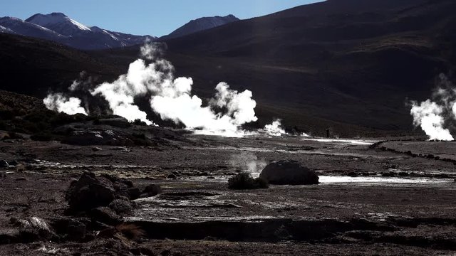 El tatio geyser with tourist going from left to right