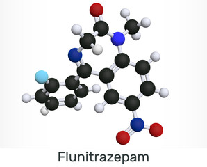 Flunitrazepam drug molecule. It has hypnotic, sedative, anxiolytic properties. Molecular model