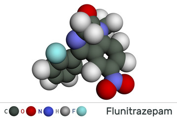 Flunitrazepam drug molecule. It has hypnotic, sedative, anxiolytic properties. Molecular model