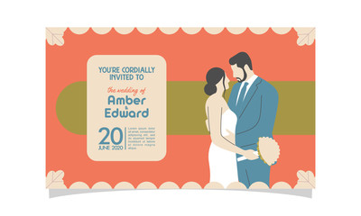Wedding invitation with couple flat vector charachter. modern design flat vector for marriage. graphic illustration. married concept. Groom and bride card template.