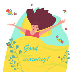 Beautiful girl lies in bed. Young woman stretches up, spread her arms to the side. Brunette with closed eyes and long hair smiles. Hair scattered across the pillow. Vector flat cartoon illustration.
