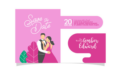 Wedding invitation with couple flat vector charachter. modern design flat vector for marriage. graphic illustration. married concept. Groom and bride card template.