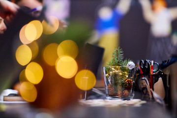 Christmas decoration from a Christmas tree, cones and lights