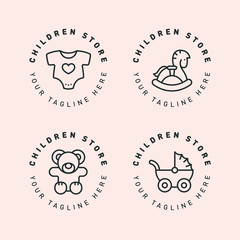 Kids Children Store Shop Circle Cute Logo Template. Creative Hipster Label Stamp Sign. Baby, Toy, Rocking Horse, Bear, Carriage, Clothing. Vector Flat Line Icon.