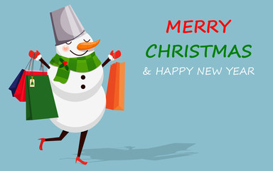 Snowman with shopping bags on blue background. Christmas background in flat design vector illustration.
