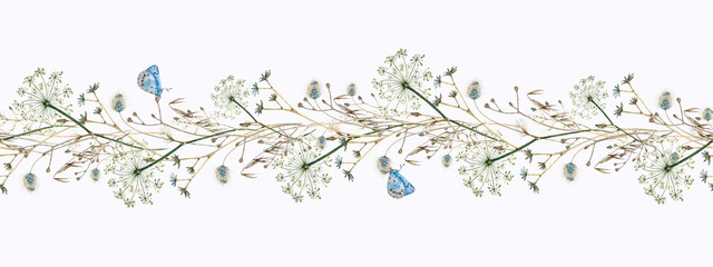 Obraz na płótnie Canvas Watercolor hand-drawn seamless border of dill flowers, forest flowers and ears of corn with blue butterflies, Lycaenidae, on a white background.
