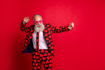 Portrait of his he nice attractive funky cool modern trendy gray-haired guy hipster MC dancing having fun isolated on bright vivid shine vibrant red color background