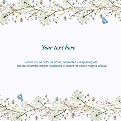 Watercolor Flower Background Border for design with dill flowers and ears of blue butterflies on a white background.