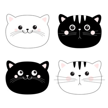 Cat set. Black white head face line contour silhouette icon. Funny kawaii smiling sad doodle animal. Pink blush cheeks. Cute cartoon funny character. Pet collection. Flat design Baby background.