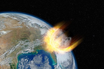 Dangerous asteroid hits planet Earth, elements of this image furnished by NASA