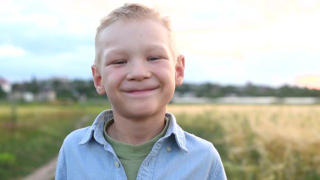 Portrait of a handsome little smiling blond boy with blue eyes in a wheat field
