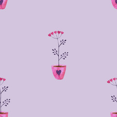 Samless pattern in pink-purple colors for St. Valentines Day. Pink background, plant with hearts in pot, May use for taxtile print, wrapping paper