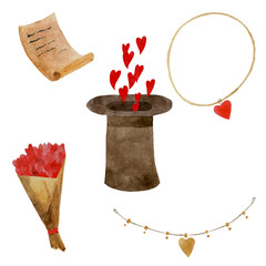 Isolated elements: magic hat with heart, bouquet of red hearts, bracelets with hearts and love letter.