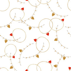 Seamless watercolor pattern, gold bracelets with red and gold hearts on white background. May use for wrapping paper, textile print, wallpaper