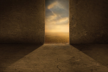 Square hole on the dark interior room, with dark concentrate floor and mist 