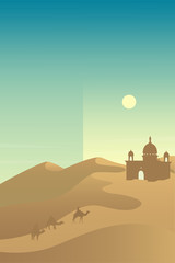 Minimalist desert panorama landscape with sand dunes and mosque on very hot sunny day summer concept. Scenery nature  background vector illustration