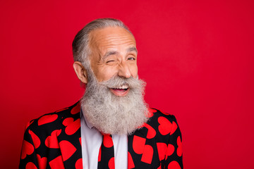 Close-up portrait of his he nice attractive funky cheerful cheery glad gray-haired guy winking festal mood fairy tradition isolated on bright vivid shine vibrant red color background