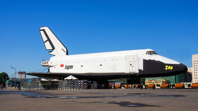 MOSCOW, RUSSIA - MAY 21. "Buran" - orbiter, the Soviet reusable space transportation system in Gorky Park May 21, 2014 . "Buran" was the answer to a similar American project "Space Shuttle"