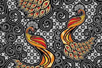 Seamless pattern vector. Indonesian batik motif with peacock illustration - obrazy, fototapety, plakaty