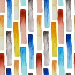 Seamless watercolor pattern, red, blue, gray, yellow vertical stripes. May use for wrapping paper, textile print, wallpaper 