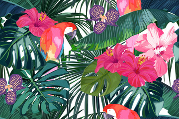 Fototapety  Tropikalny wzór. Liście palmy, kwiat hibiskusa i papuga. Ilustracja wektorowa. Lato w tle