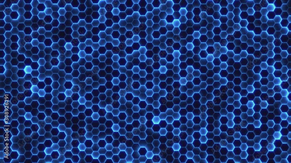 Poster abstract blue background of moving hexagons. monochrome futuristic pattern in blue and black colors.