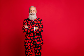 Portrait of his he nice attractive trendy content cheerful funky bearded gray-haired man wearing theme costume wedding occasion folded arms isolated on bright vivid shine vibrant red color background