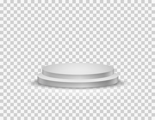 Podium stand isolated on transparent background. White circle plinth, pillar or display stage. Vector empty prize pedestal template..