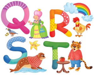 English alphabet. ABC. Coloring page, Coloring book. Cute and funny cartoon characters isolated on white bckground