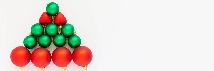 Holiday banner with a decorative tree of red and green Christmas balls, Christmas tree on a white background, ,flat lay, top view