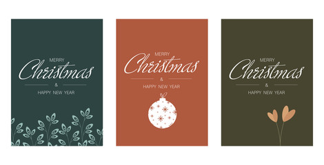 Merry Christmas and Happy New Year greeting and invitation cards set vintage typographic design, decoration symbols with winter holidays, ornament and snowflakes. Isolated flat vector illustration. 