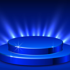 Abstract round podium illuminated with spotlight. Award ceremony concept. Stage backdrop.