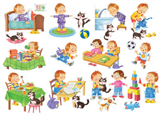 Obraz na płótnie Canvas Cute little boy's day. Schedule. The boy is getting up, doing exercises, washing his hands and teeth, going to school, eating breakfast and dinner, doing his lessons, playing. Coloring book, poster.