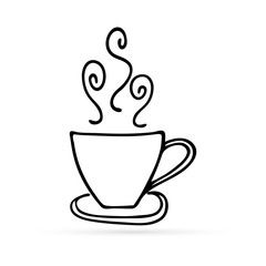 Coffee or tea cup icon isolated on white. Doodle outline kids hand drawing. Hot drink sign. Coloring beverage symbol. Design elements. Vector illustration.
