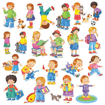 Big set of cute and funny kids. Collection of cartoon characters isolated on white background. Poster. Character design