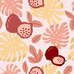 Foto auf Leinwand Seamless pattern with stylized tropical fruits: guava, passion fruit and palm leaves. You can use for design wallpapers, textile, fabric, packaging, wrapping paper. Vector illustration in flat style © Olga