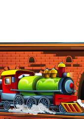 Fototapeta na wymiar Cartoon funny looking train on the train station near the city on white background - illustration for children