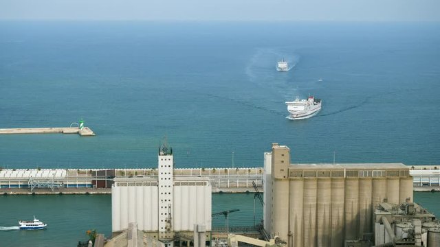 Cruise ship coming into Port of Barcelona. Spain. 4K