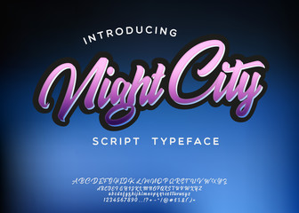 Night City. 3D script font in 1980s style. Illustration of 1980 retro neon poster. Futuristic landscape.