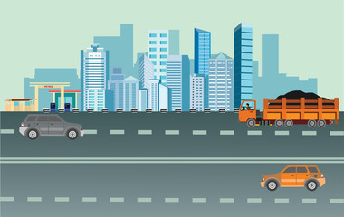 Cars drive on the road,urban landscape vector