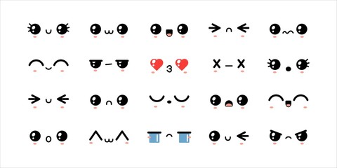 Cute kawaii icons. Various face expressions. Different eyes and mouths. Japanese cartoon manga style. Funny anime characters. Trendy vector illustration. Every icon is isolated on a white background