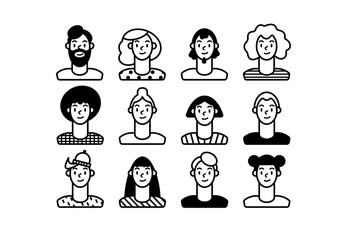 Outline people. Face avatars. Men and women. Various haircuts. Minimalistic icons. Black and white graphic vector set. Cartoon style, simple flat design. Trendy illustration. Every icon is isolated