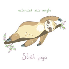 Cute sloth  in extended side angle yoga position. Sloth doing yoga. Meditation. Unique hand-drawing vector illustration.