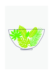 Abstract leaves with line plate vector print.