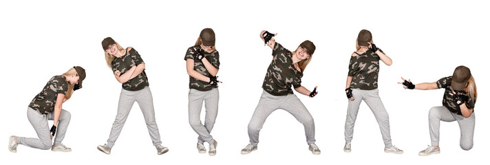 Stylish woman in hip-hop style. Collage isolated on white.	