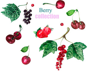 Watercolor set of cherries, currants and strawberries. Bright illustration of juicy berries isolated on white background.