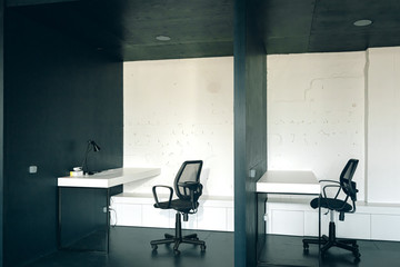 Morning in coworking. Contemporary office interior with furniture