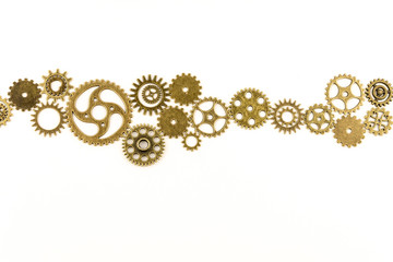 metallic gears background / Closeup of metal cog gears / close up texture pattern steampunk style and old mechanical peaces / decorative frame